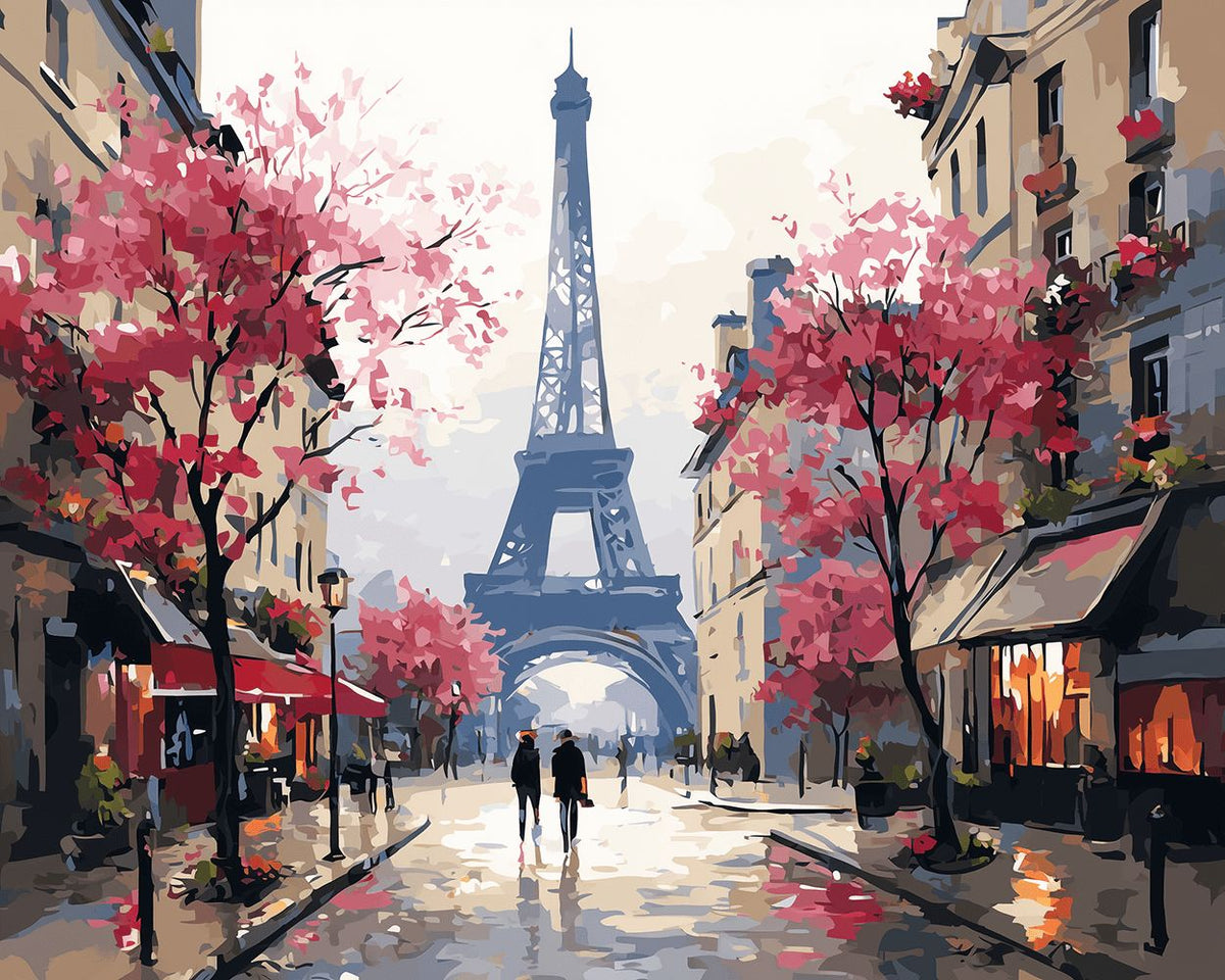 Majestic eiffel tower with pink blossoms cross stitch kit for beginners