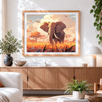 Finished majestic elephant in the golden grass cross stitch artwork displayed