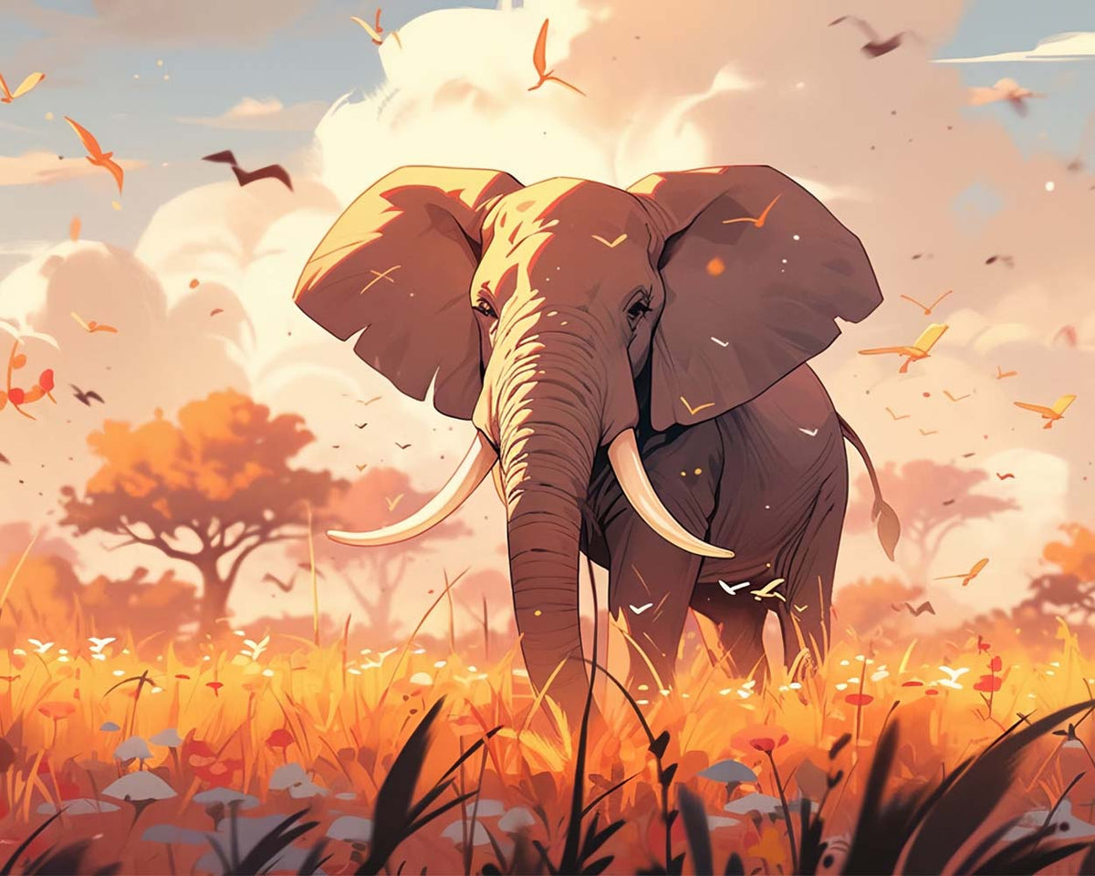 Majestic elephant in the golden grass cross stitch kit for beginners