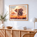 Majestic elephant in the golden grass cross stitch artwork displayed on wall as home decor