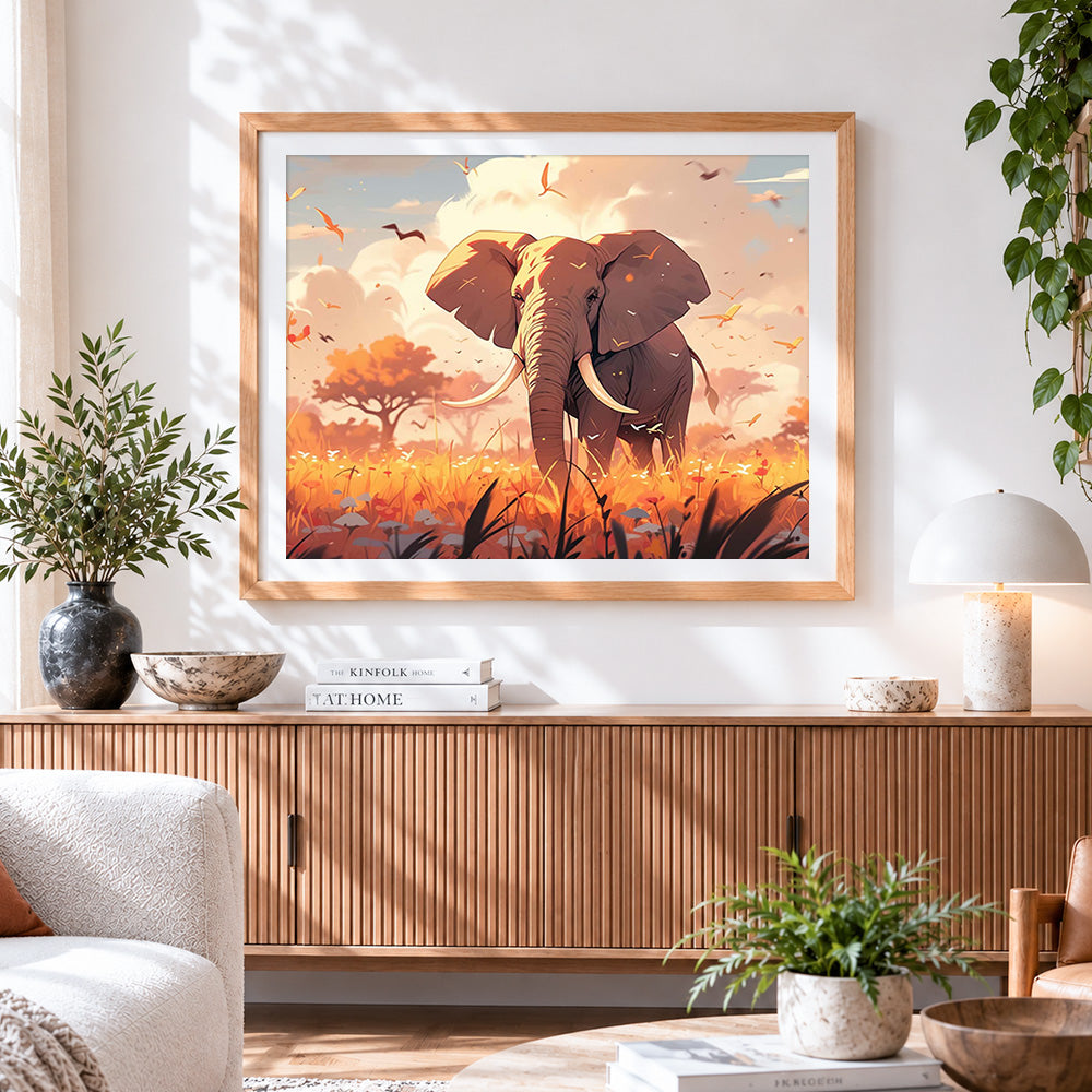 Finished majestic elephant in the golden grass paint by numbers artwork displayed as home decor