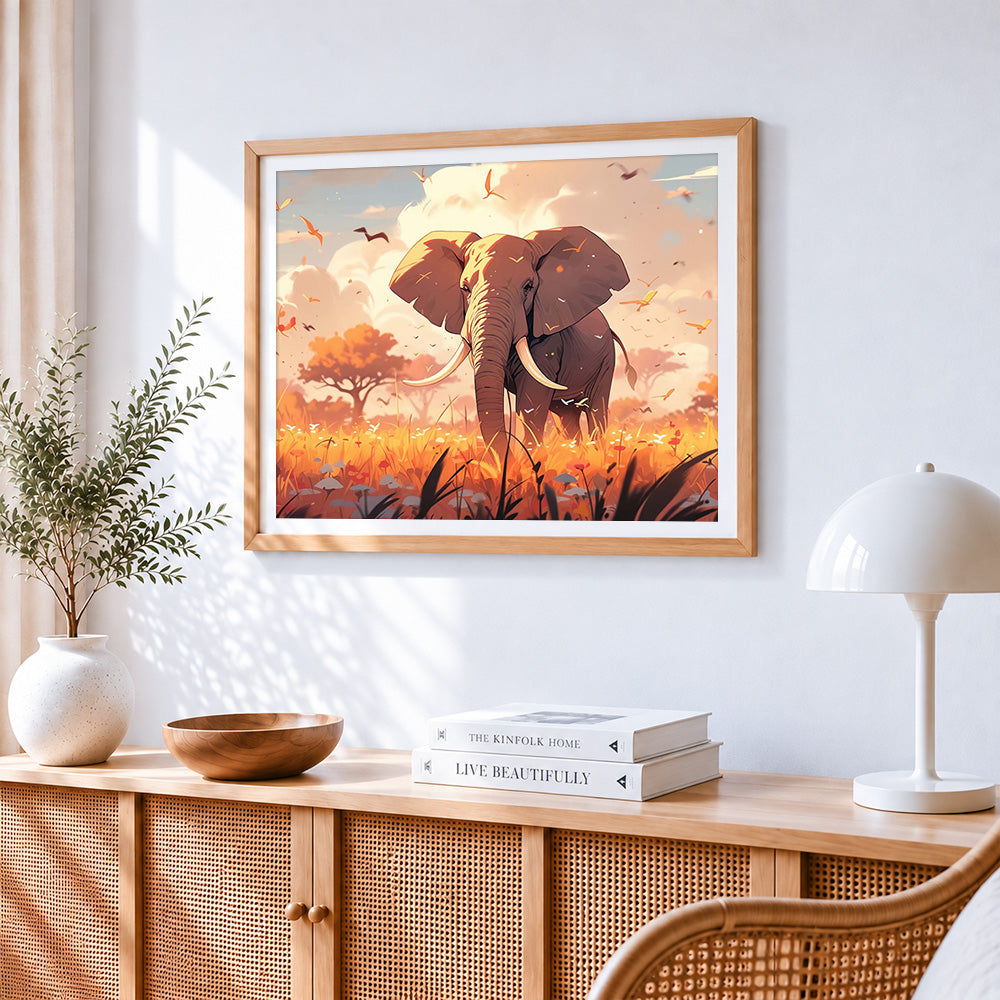 Majestic elephant in the golden grass paint by numbers artwork displayed on wall as home decor