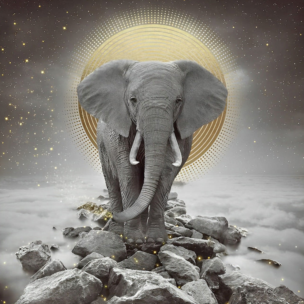 Majestic elephant with golden halo cross stitch kit for beginners