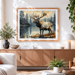 Finished majestic elk by a tranquil lake paint by numbers artwork displayed as home decor