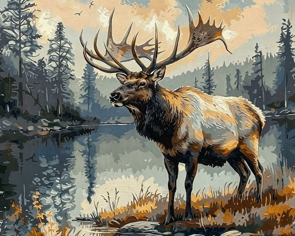 Majestic elk by a tranquil lake paint by numbers kit for beginners