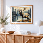 Majestic elk by a tranquil lake paint by numbers artwork displayed on wall as home decor