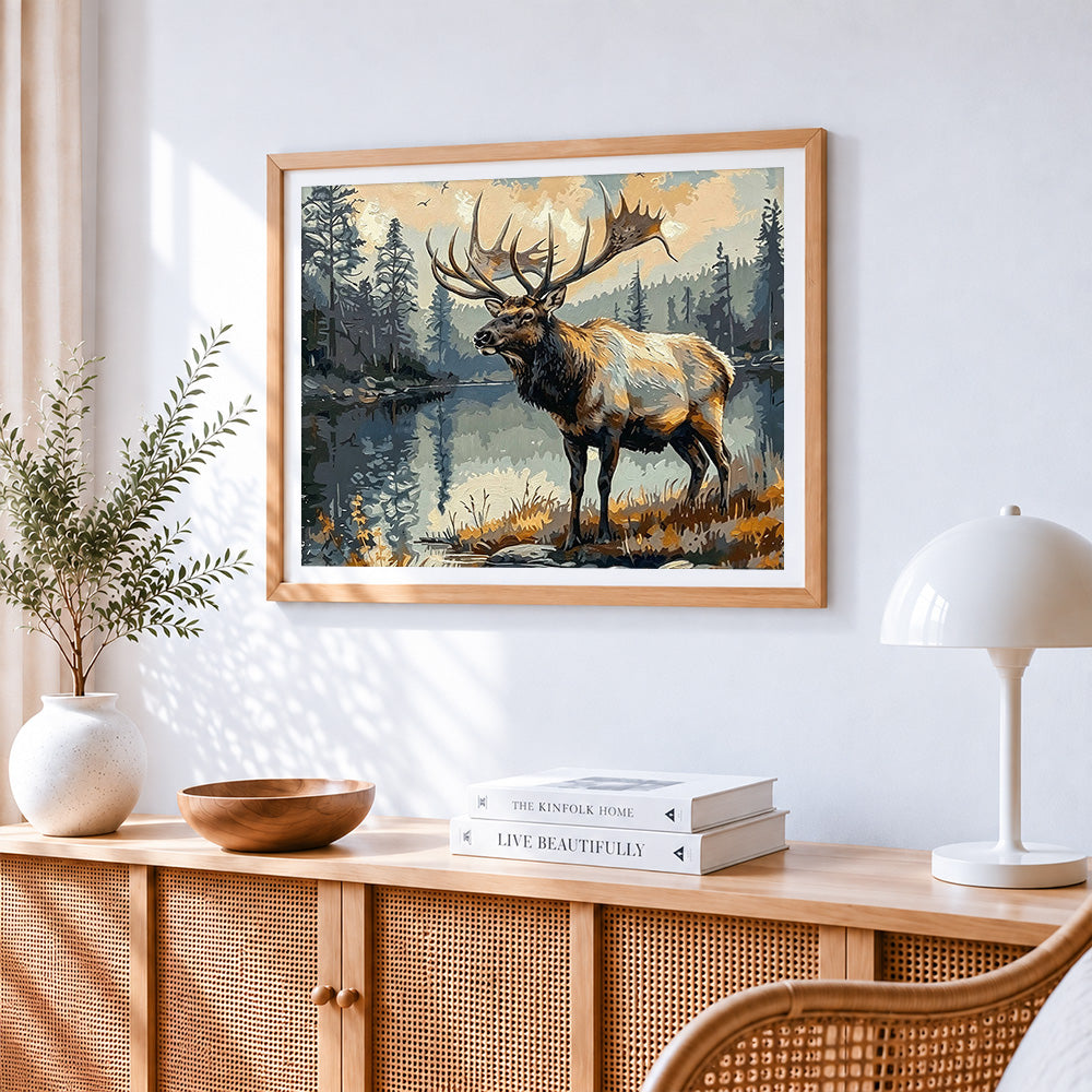 Majestic elk by a tranquil lake paint by numbers artwork displayed on wall as home decor