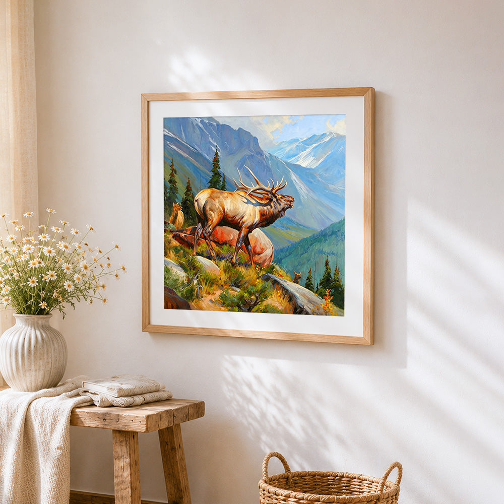 Majestic elk in mountain landscape cross stitch artwork displayed on wall as home decor