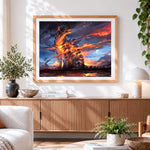 Finished majestic fire and light leopard cross stitch artwork displayed