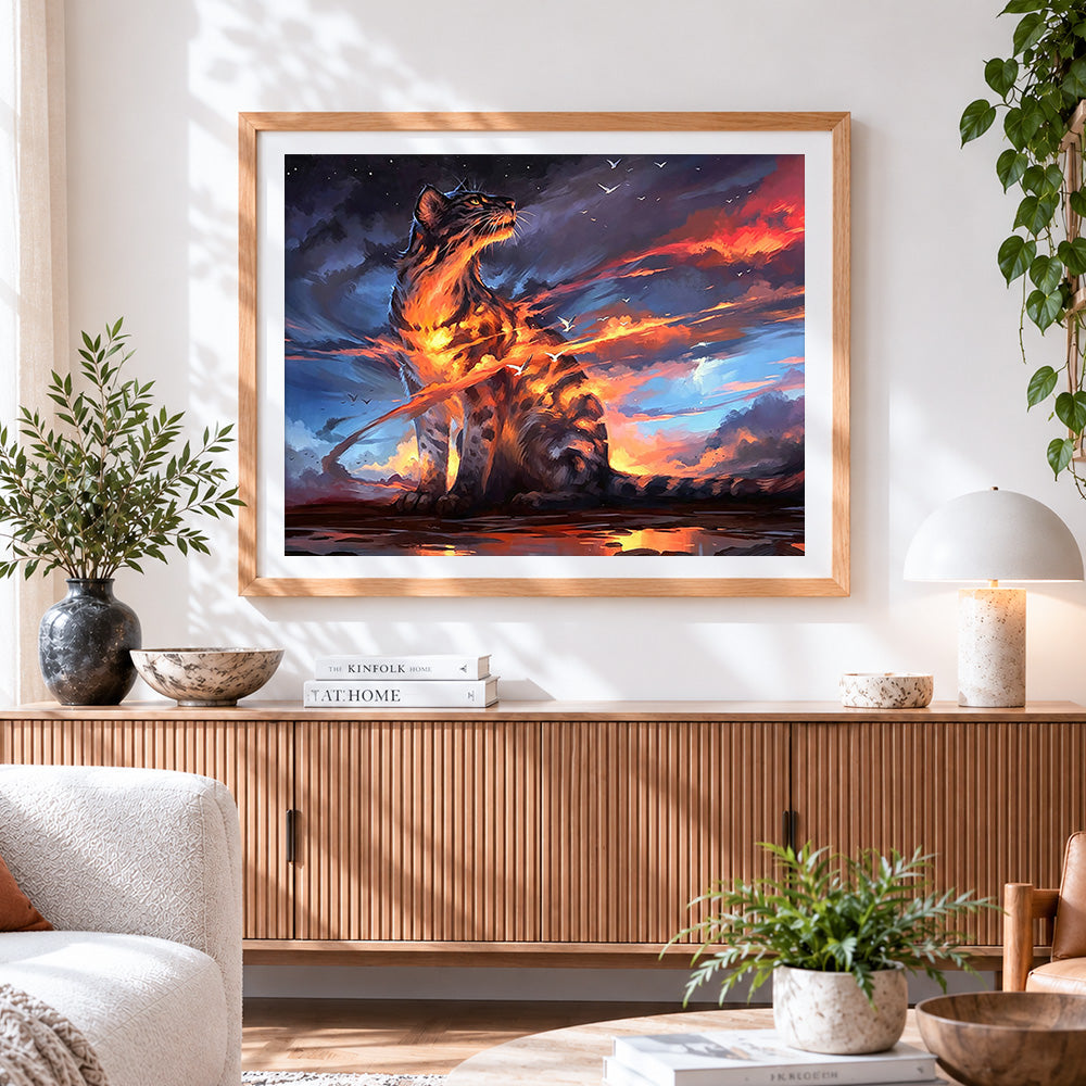 Finished majestic fire and light leopard cross stitch artwork displayed