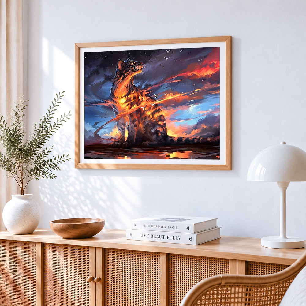 Majestic fire and light leopard cross stitch artwork displayed on wall as home decor