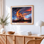 Majestic fire and light leopard cross stitch artwork displayed on wall as home decor