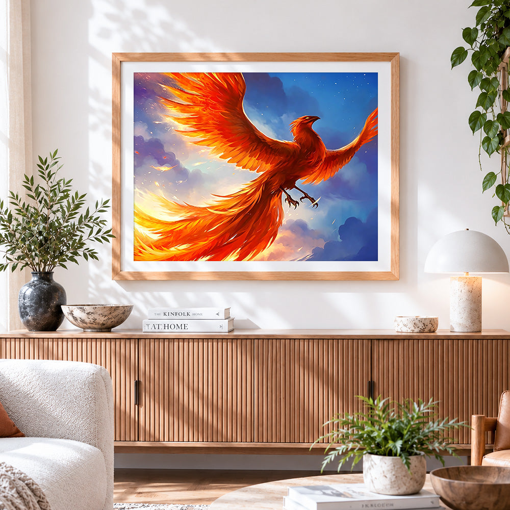 Finished majestic fire phoenix cross stitch artwork displayed
