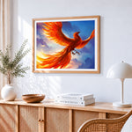 Majestic fire phoenix cross stitch artwork displayed on wall as home decor