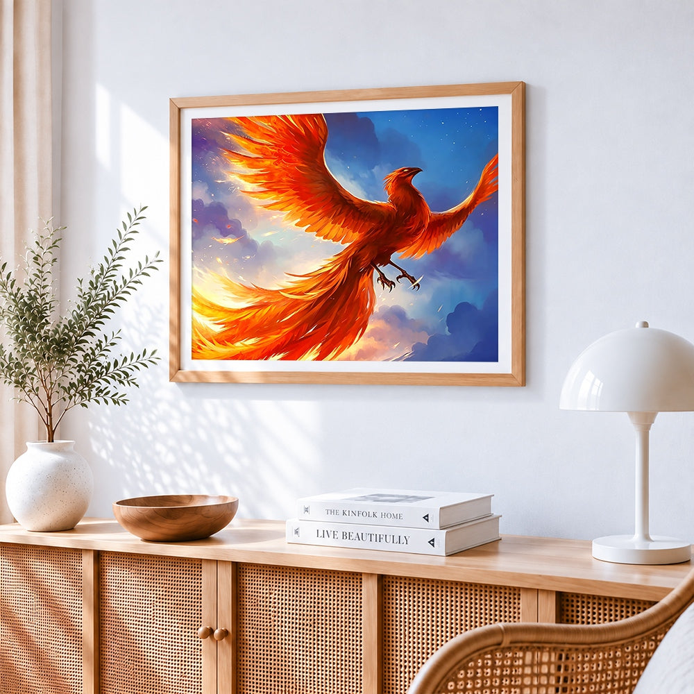 Majestic fire phoenix cross stitch artwork displayed on wall as home decor