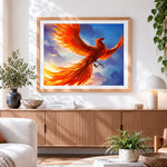 Finished majestic fire phoenix paint by numbers artwork displayed as home decor