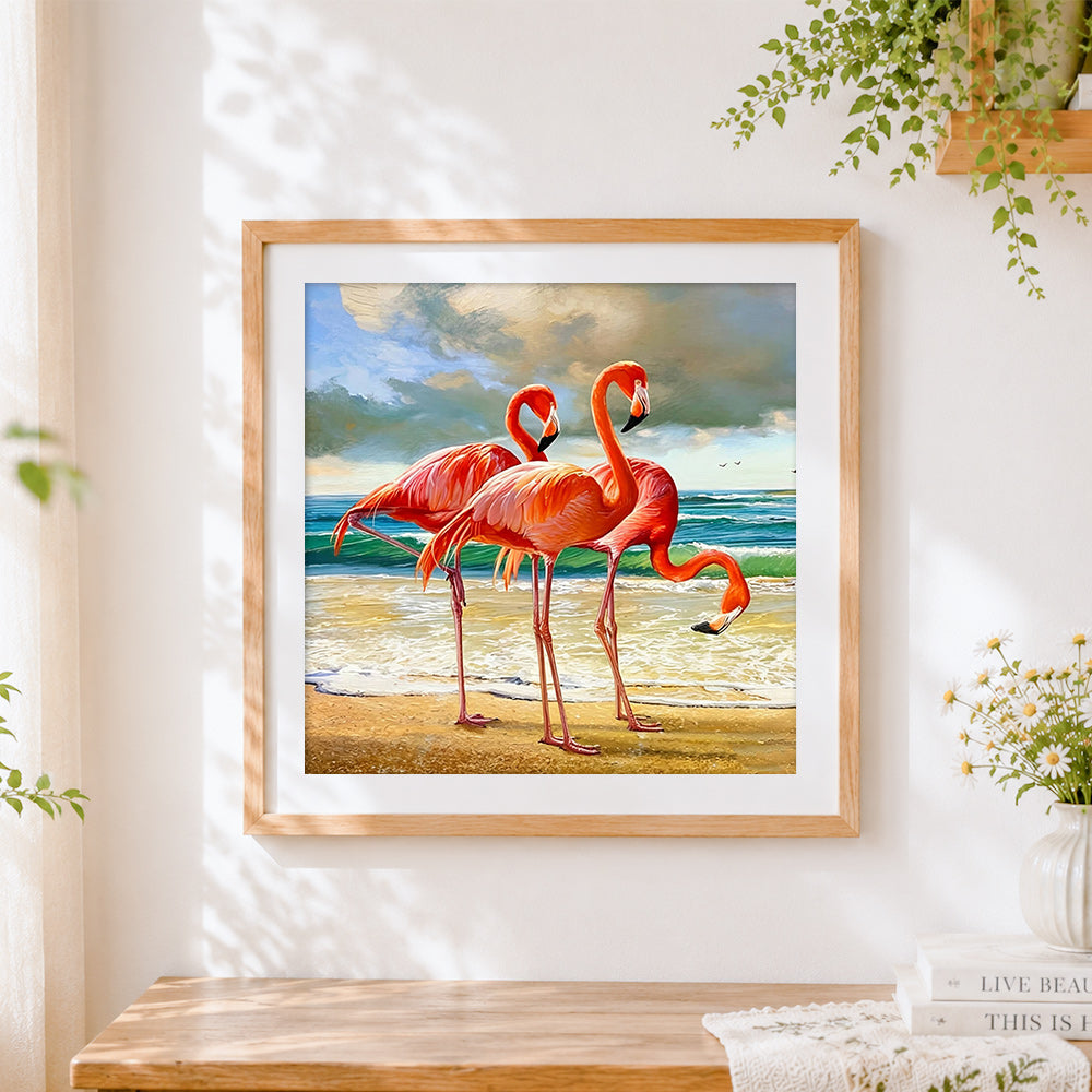 Finished majestic flamingos on the beach cross stitch artwork displayed