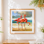 Finished majestic flamingos on the beach cross stitch artwork displayed