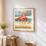 Majestic flamingos on the beach cross stitch artwork displayed on wall as home decor