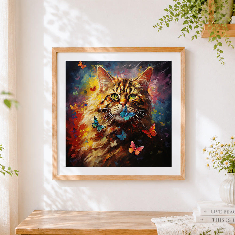 Finished majestic fluffy cat with blue butterflies cross stitch artwork displayed