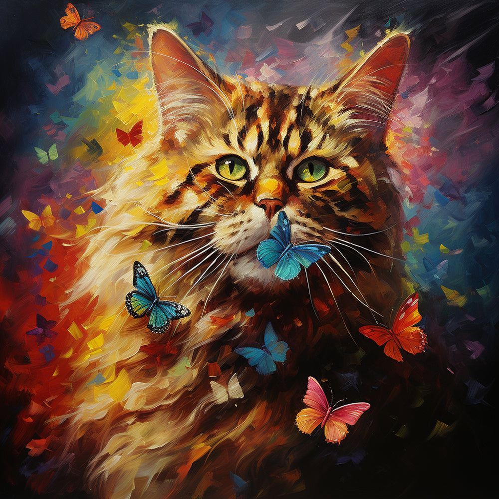 Majestic fluffy cat with blue butterflies cross stitch kit for beginners