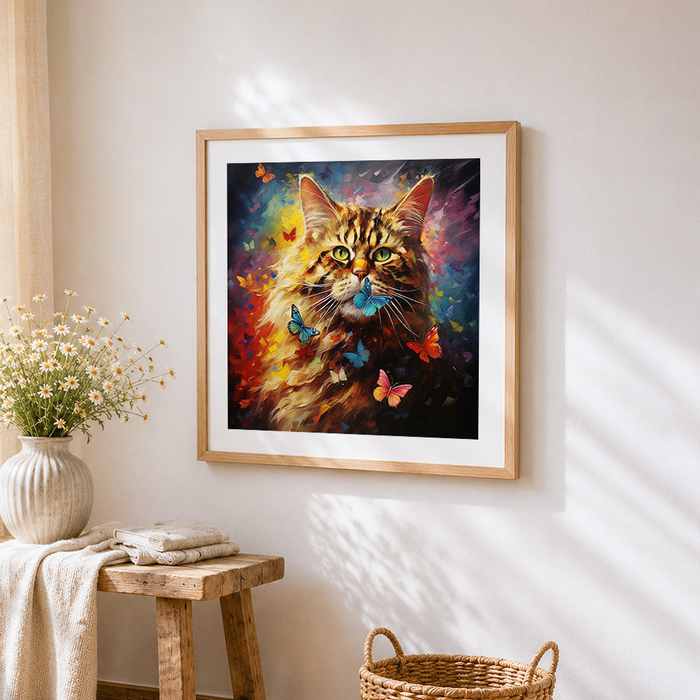 Majestic fluffy cat with blue butterflies cross stitch artwork displayed on wall as home decor