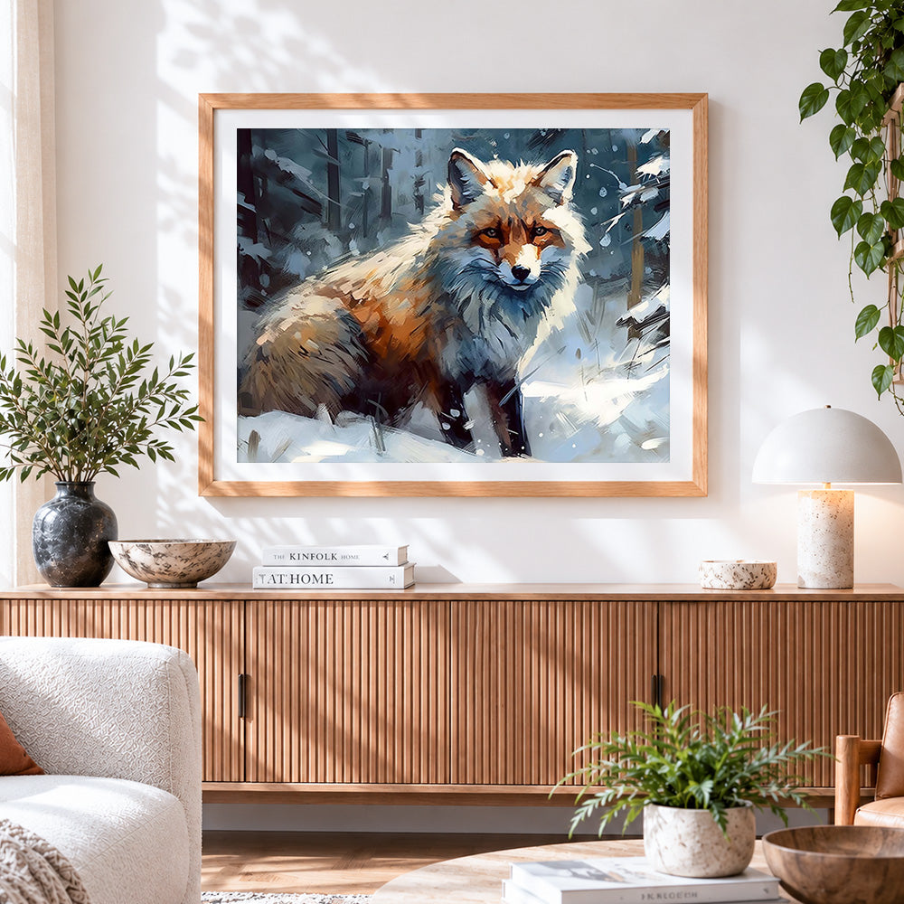 Finished majestic fox in a winter snowstorm cross stitch artwork displayed