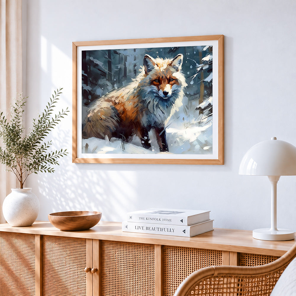Majestic fox in a winter snowstorm cross stitch artwork displayed on wall as home decor