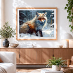 Finished majestic fox in a winter snowstorm paint by numbers artwork displayed as home decor
