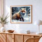 Majestic fox in a winter snowstorm paint by numbers artwork displayed on wall as home decor