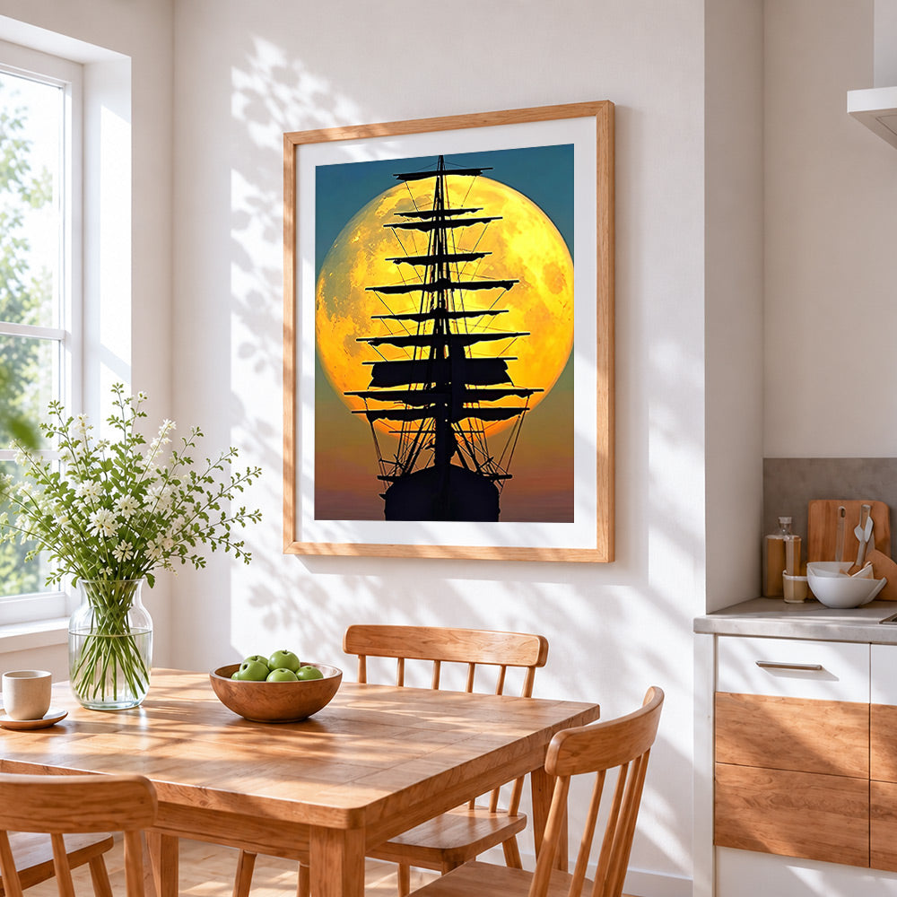 Majestic full moon and tall ship silhouette cross stitch artwork displayed on wall as home decor