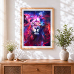 Finished majestic galaxy lion cross stitch artwork displayed