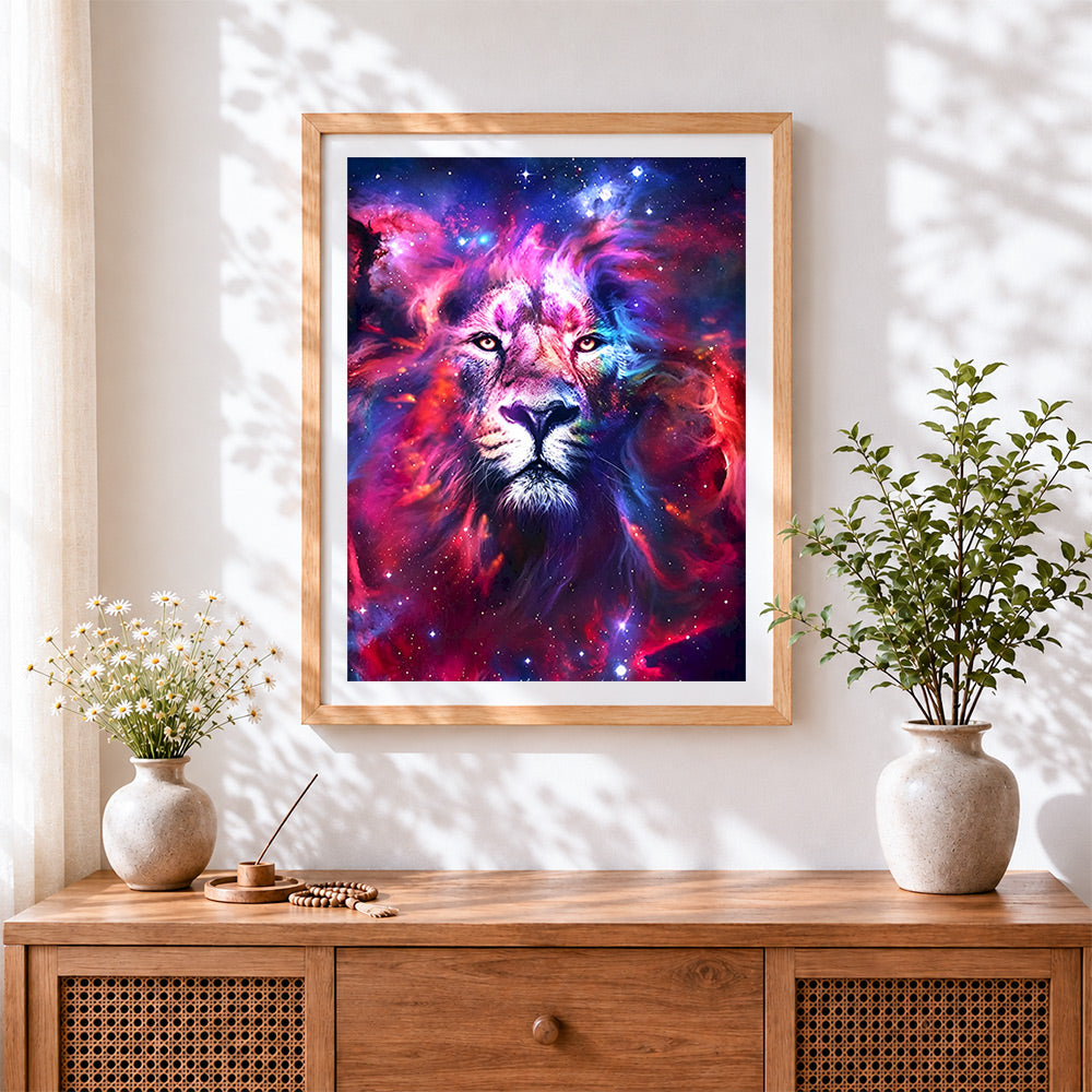 Finished majestic galaxy lion cross stitch artwork displayed