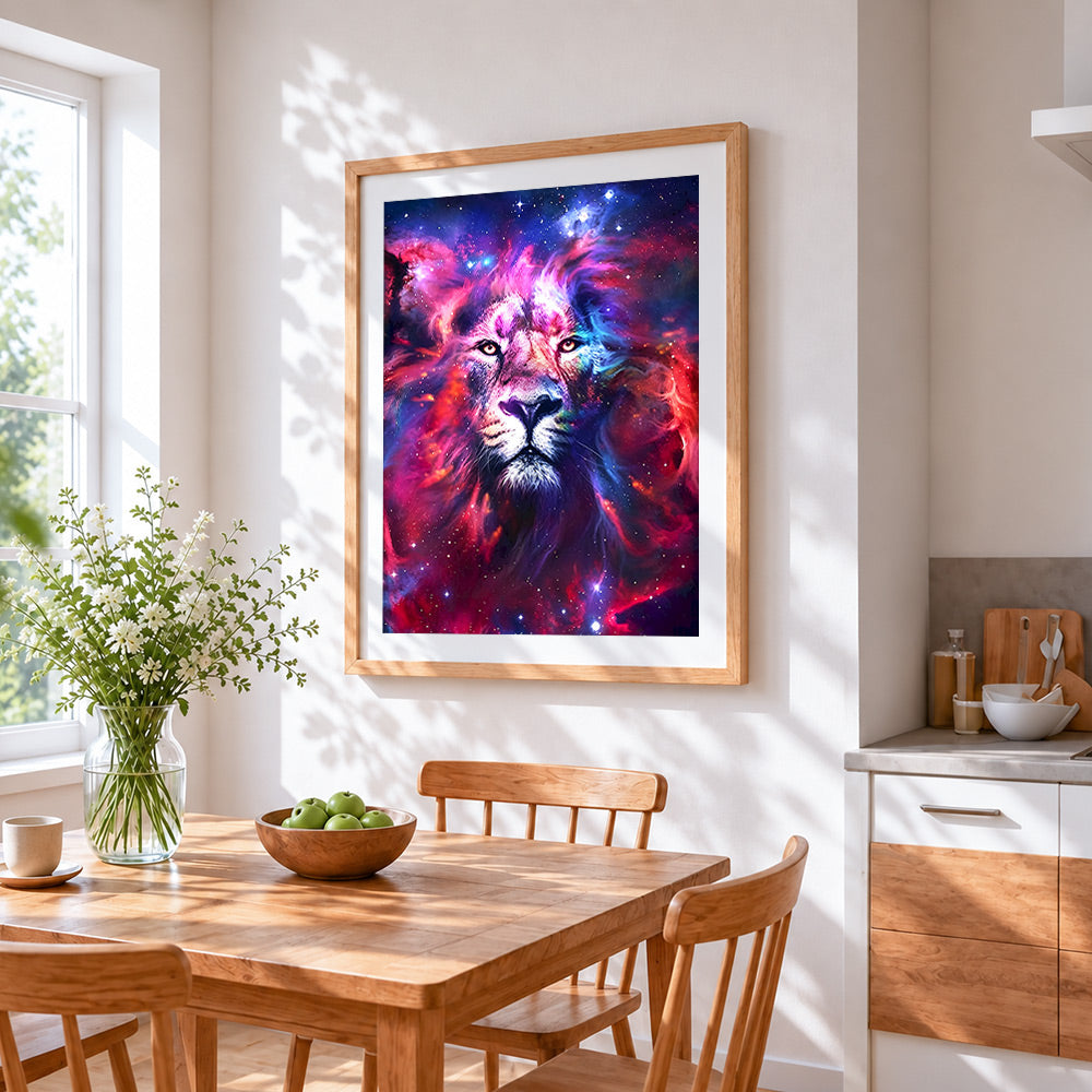 Majestic galaxy lion cross stitch artwork displayed on wall as home decor