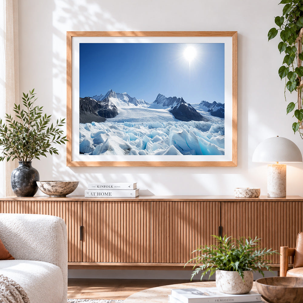 Finished majestic glacier and snowy peaks cross stitch artwork displayed