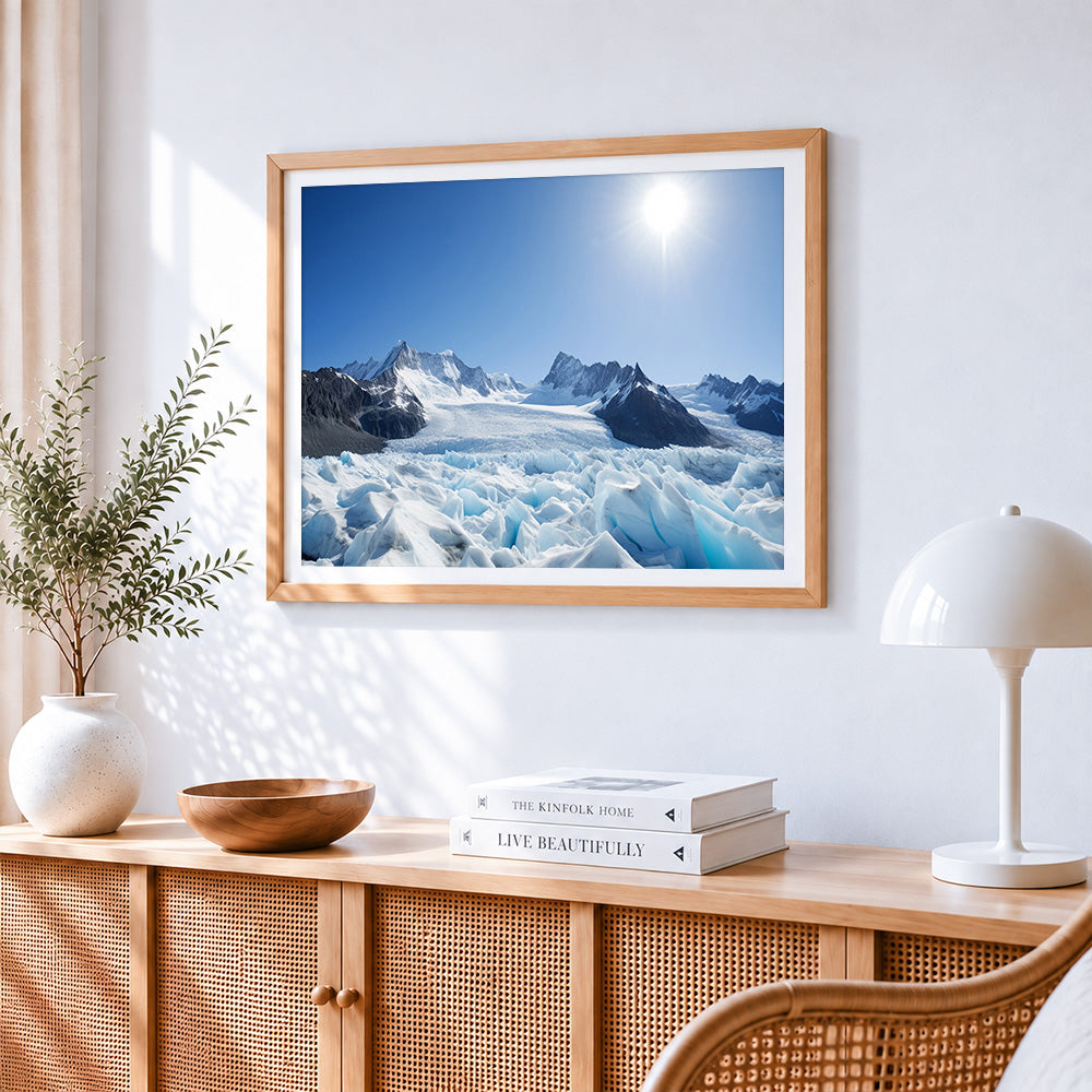 Majestic glacier and snowy peaks cross stitch artwork displayed on wall as home decor