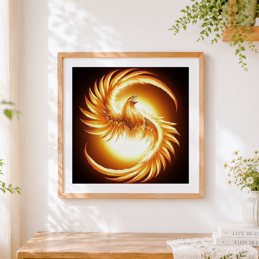 Finished majestic glowing phoenix rising cross stitch artwork displayed