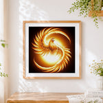 Finished majestic glowing phoenix rising cross stitch artwork displayed