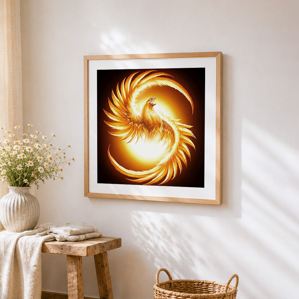 Majestic glowing phoenix rising cross stitch artwork displayed on wall as home decor