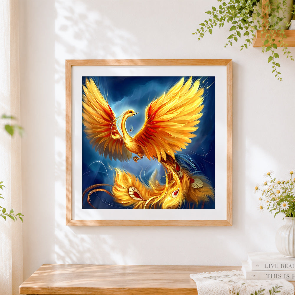 Finished majestic golden phoenix rising cross stitch artwork displayed