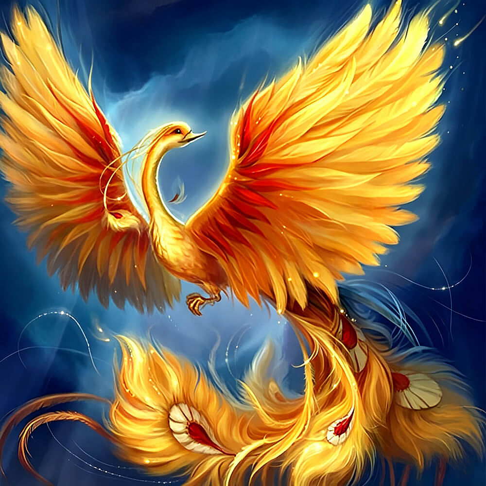 Majestic golden phoenix rising cross stitch kit for beginners