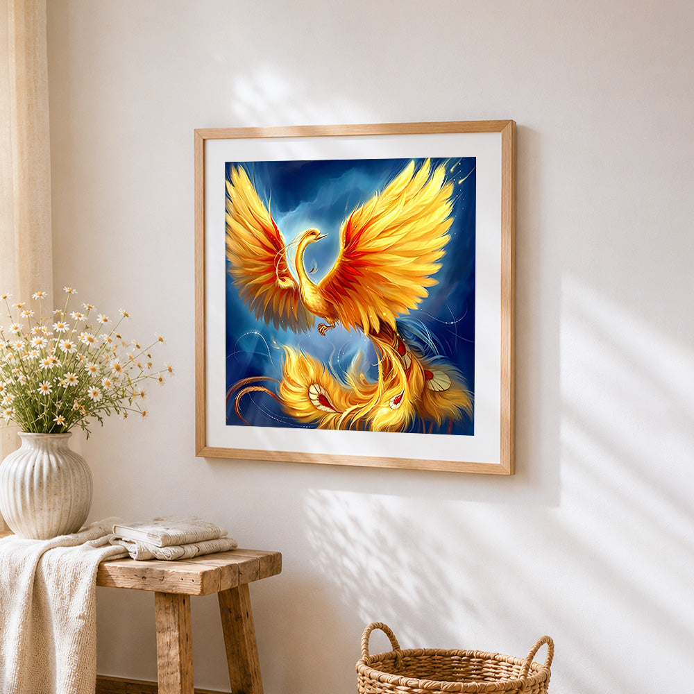 Majestic golden phoenix rising cross stitch artwork displayed on wall as home decor