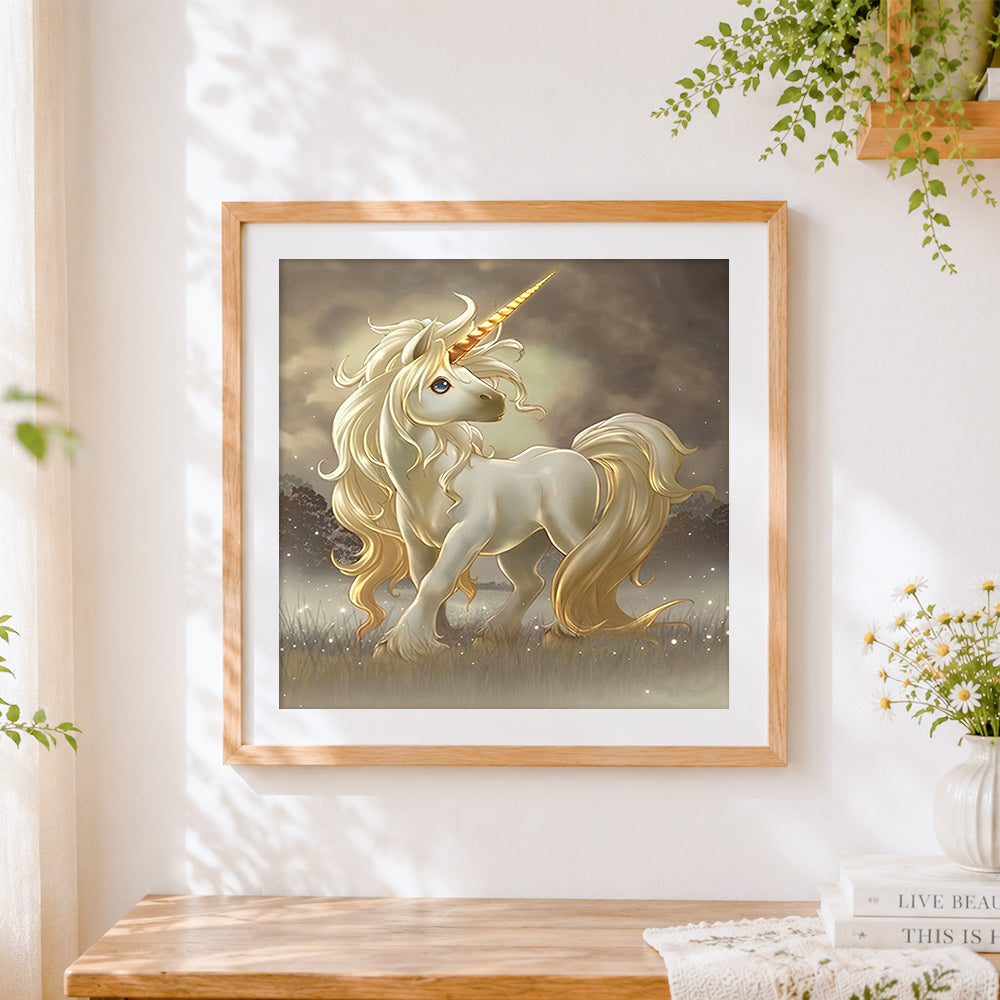Finished majestic golden unicorn in mist paint by numbers artwork displayed as home decor