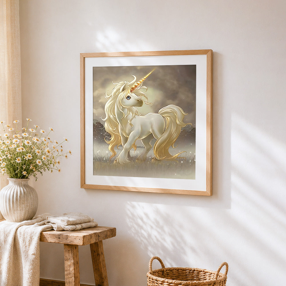 Majestic golden unicorn in mist paint by numbers artwork displayed on wall as home decor