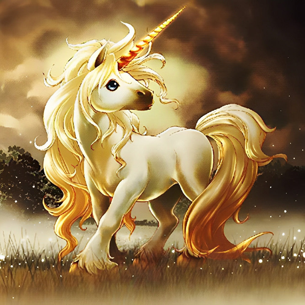 Majestic golden unicorn with flowing mane cross stitch kit for beginners