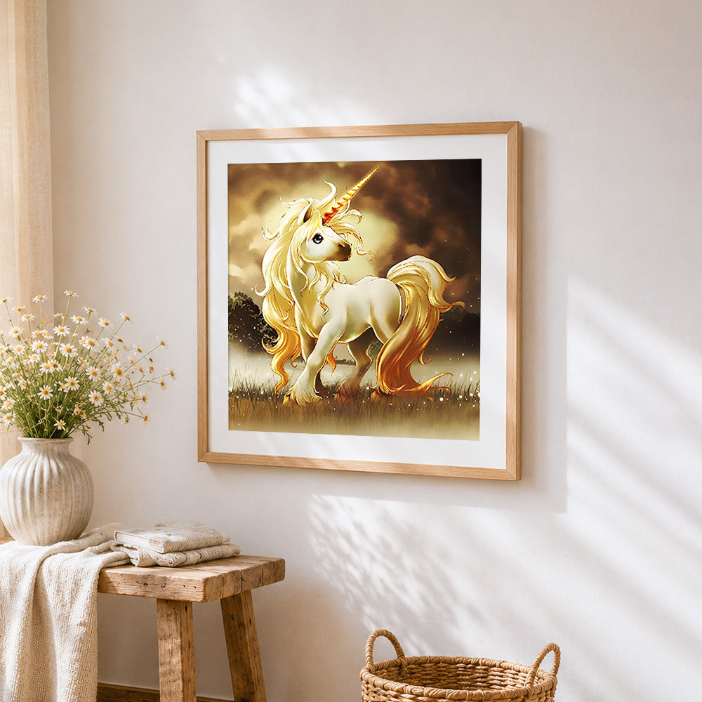 Majestic golden unicorn with flowing mane cross stitch artwork displayed on wall as home decor