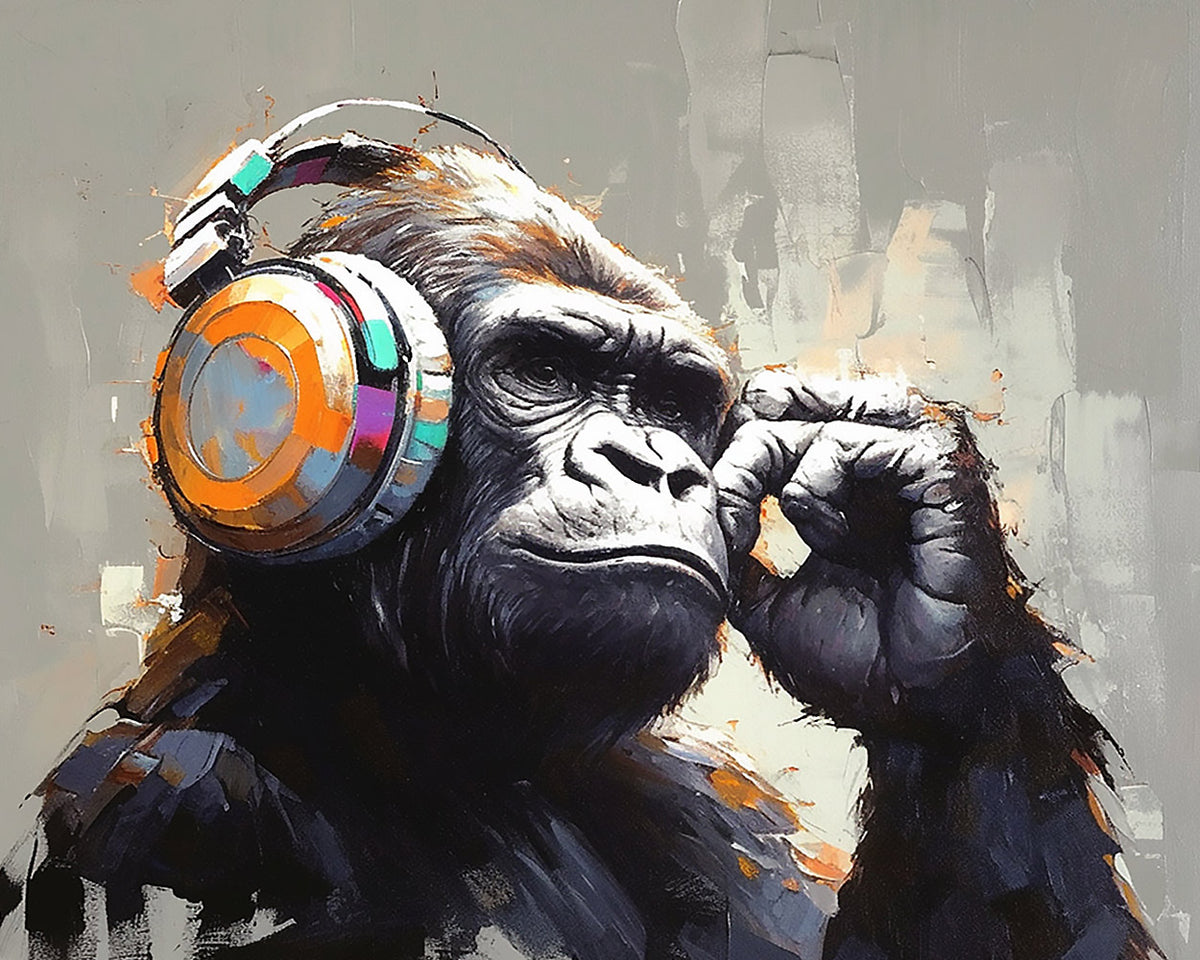 Majestic gorilla with headphones cross stitch kit for beginners