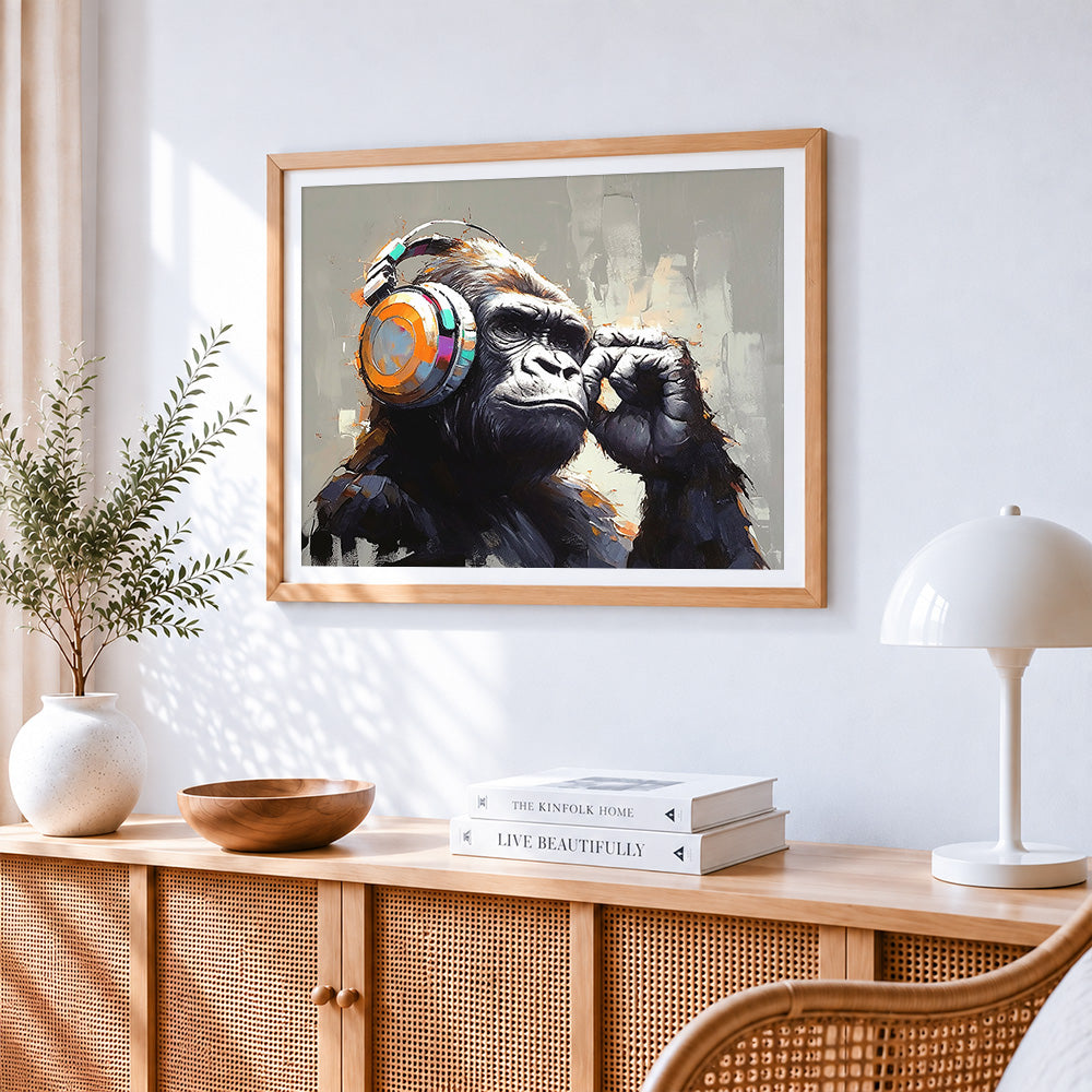 Majestic gorilla with headphones cross stitch artwork displayed on wall as home decor