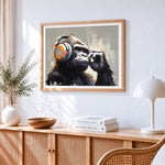 Majestic gorilla with headphones paint by numbers artwork displayed on wall as home decor