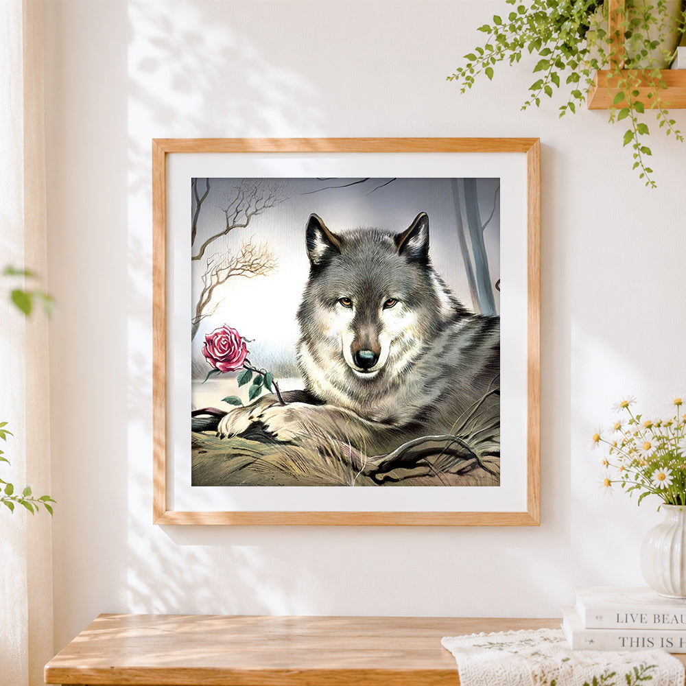 Finished majestic grey wolf and pink rose cross stitch artwork displayed